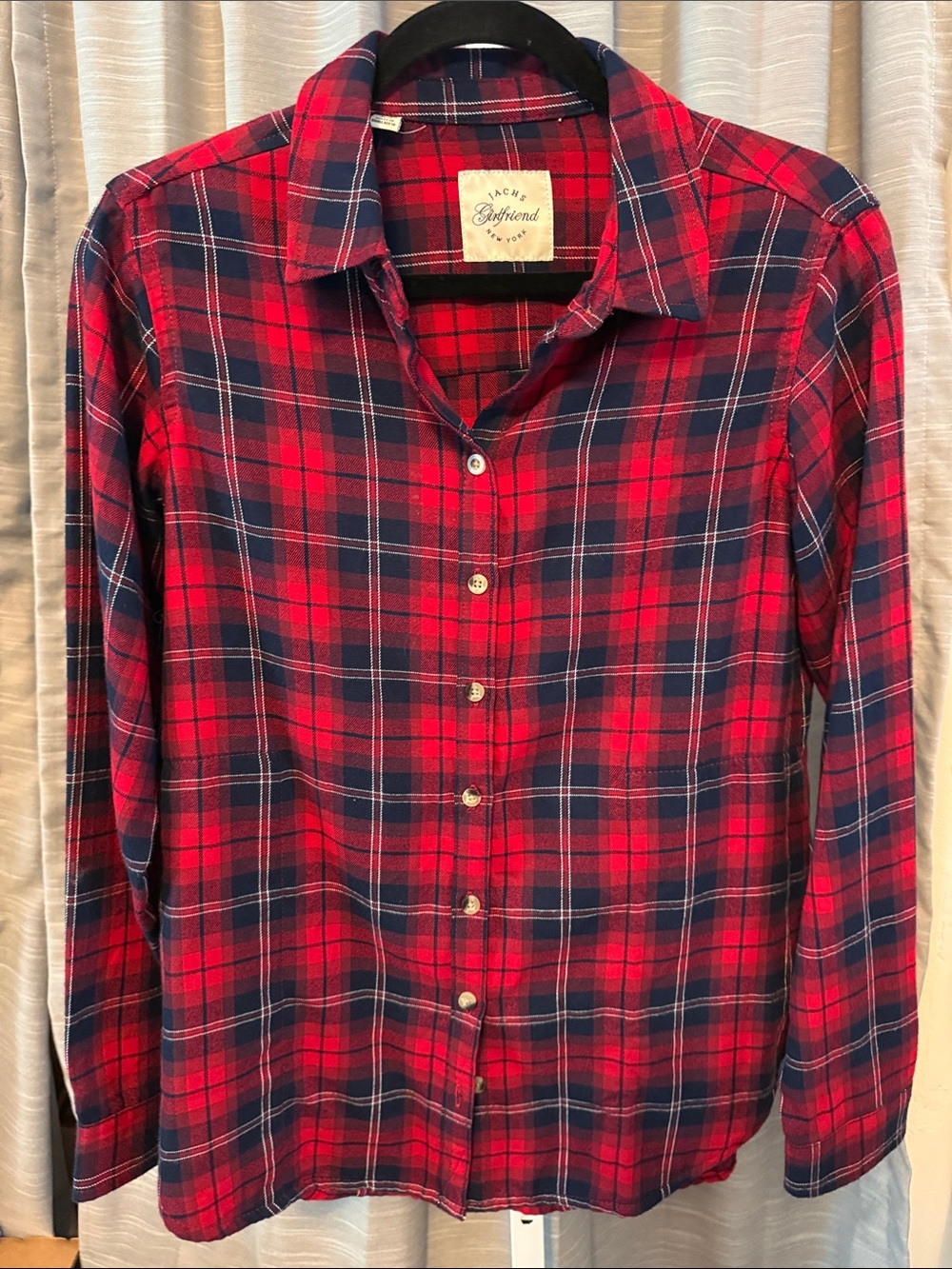 JACHS Girlfriend Red and Navy Plaid Button-Down Shirt